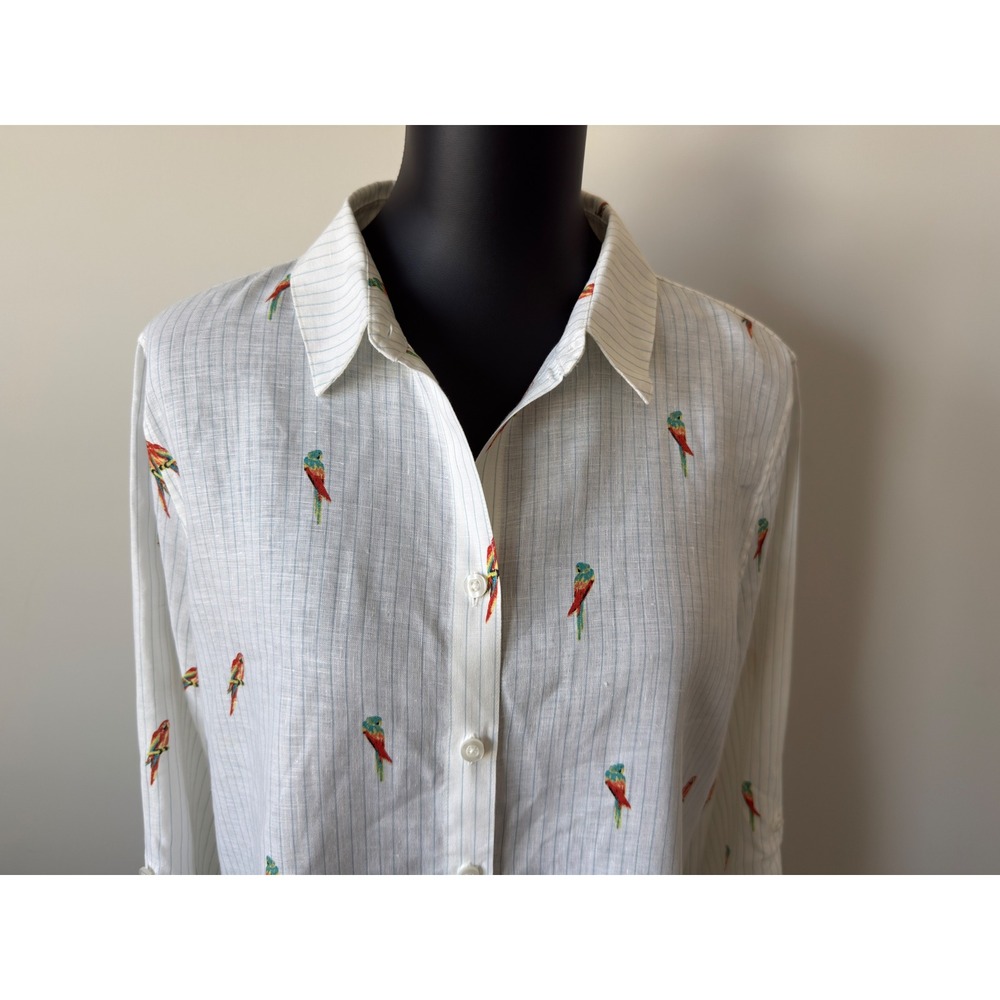 Chicos No Iron Linen Shirt Womens 2 (L) White Blue Pinstripe Parrot Embroidery - Picture 2 of 14